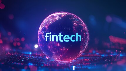Naklejka premium Digital globe with financial tech text overlay, representing global finance and modern technology.
