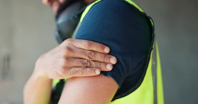 Hand, pain and arm with inflammation, swollen or sore muscle for massage, relief or remedy. Zoom, person and strain in accident, occupational health hazard or wellness as injury on duty or workplace
