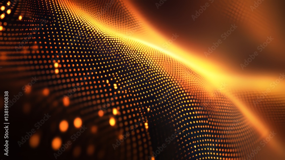 Poster golden flow: abstract depiction of connected dots forming a flowing, dynamic and technological desig
