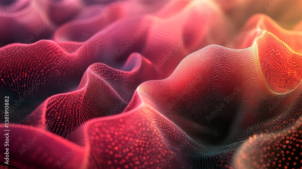 Poster undulating surface of connected points in vibrant pinks and reds, reminiscent of topographic data vi