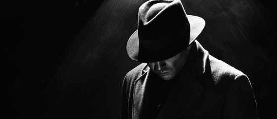 Monochrome portrait of a man in shadow, wearing a fedora and a coat