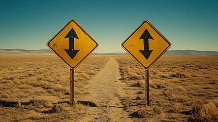 Two yellow road signs on a lonely desert path ahead
