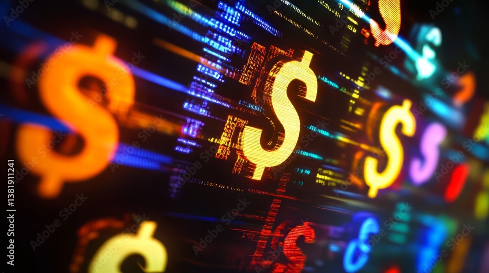 Poster digital dollars: currency symbols illuminated against a backdrop of dynamic binary code, modern fina