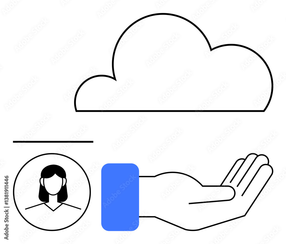 Poster cloud hovering above open hand with user profile icon, representing digital connectivity, data shari
