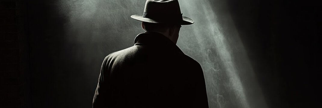 Mysterious figure shrouded in shadows with a fedora hat under spotlight