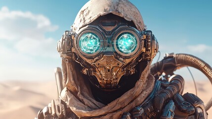 Obraz premium A robot with blue eyes and a white helmet stands in a desert