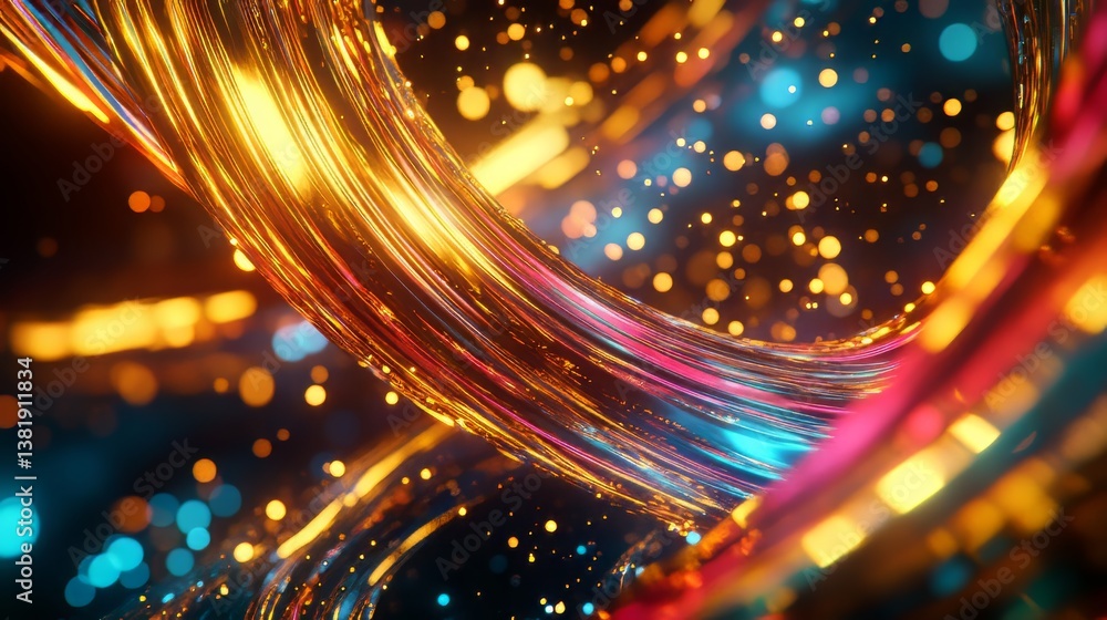 Poster abstract ribbons of light flowing against a dark background with scattered bokeh effects. energetic 