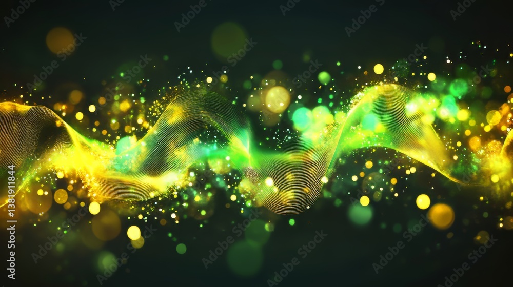 Poster abstract flowing wave of light particles and bokeh circles in yellow and green colors on a dark back