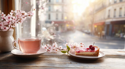 Cozy parisian cafe ambiance with tea and cherry tart by a sunlit window