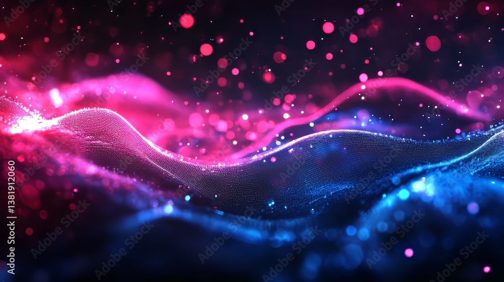Poster abstract wave of flowing particles in pink and blue with bokeh, creating a dreamy, otherworldly effe