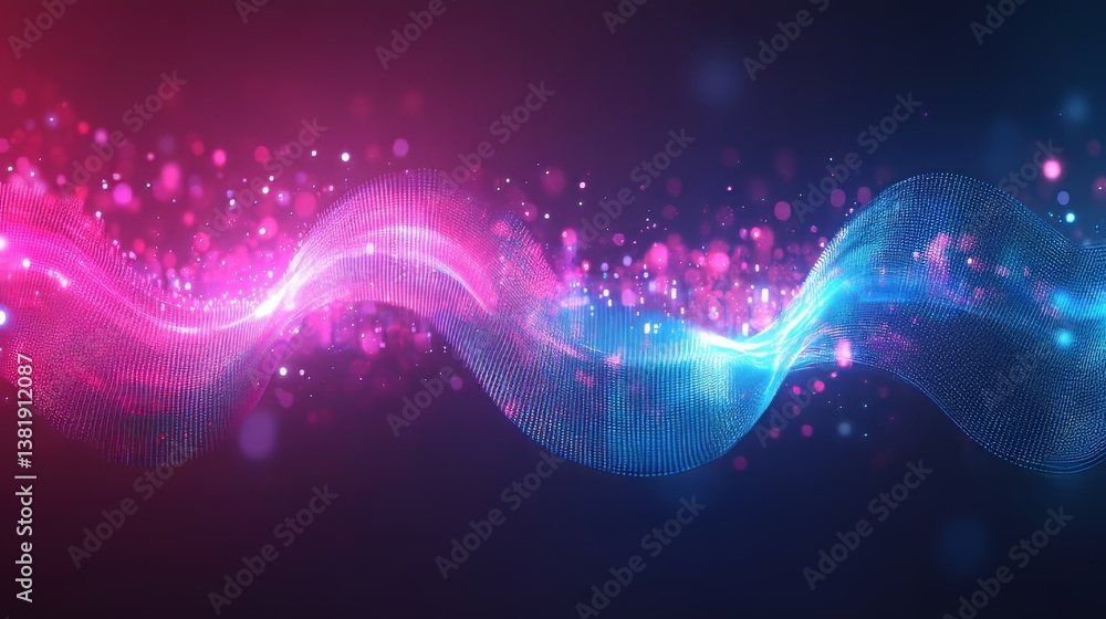 Poster glowing wave form of sparkling particles in pink and blue, creating abstract digital art concept.