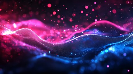 Fototapeta premium Abstract wave of flowing particles in pink and blue with bokeh, creating a dreamy, otherworldly effect.
