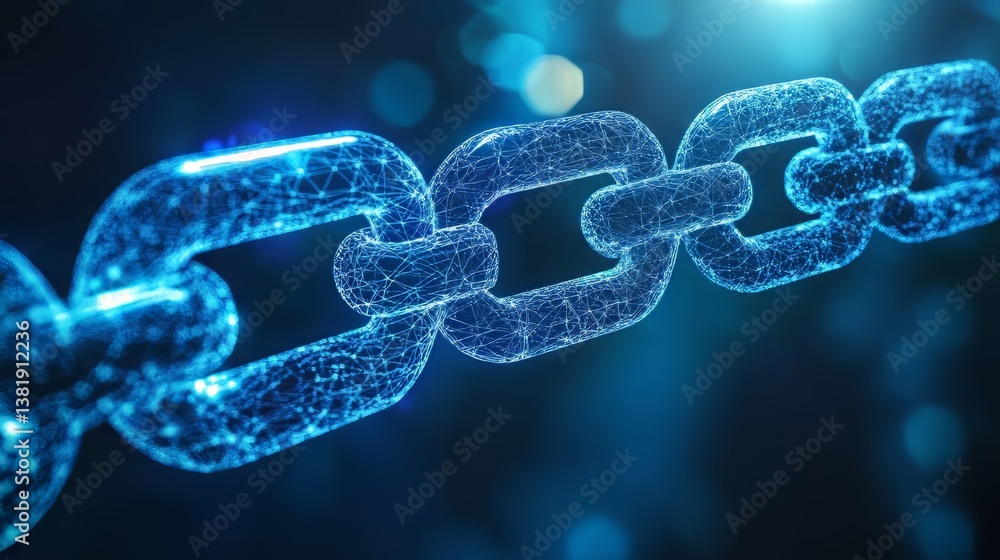 Poster digitally rendered blue chain with intersecting lines suggesting connection and cybersecurity.