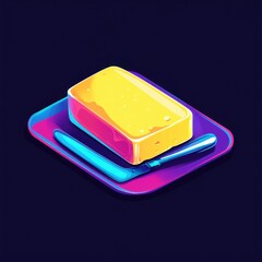 Colorful isometric butter, knife, and plate.