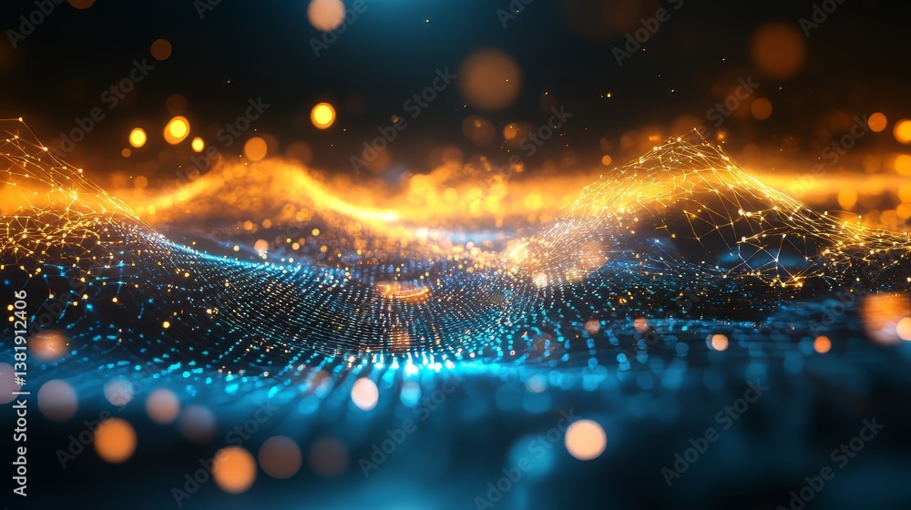 Poster glowing network of interconnected dots and lines in shades of blue and gold. abstract, data visualiz