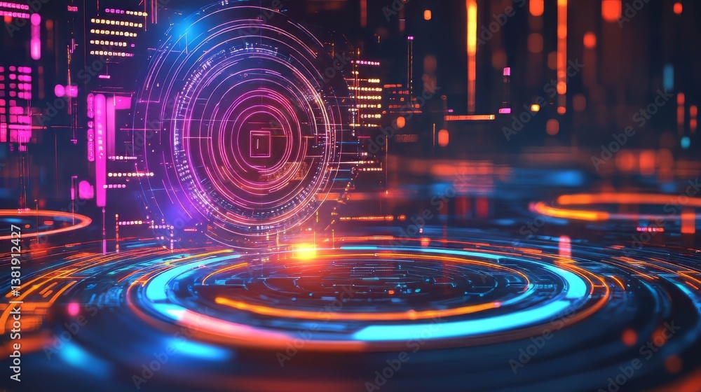 Poster abstract data visualization featuring neon rings and digital patterns, representing technology and n