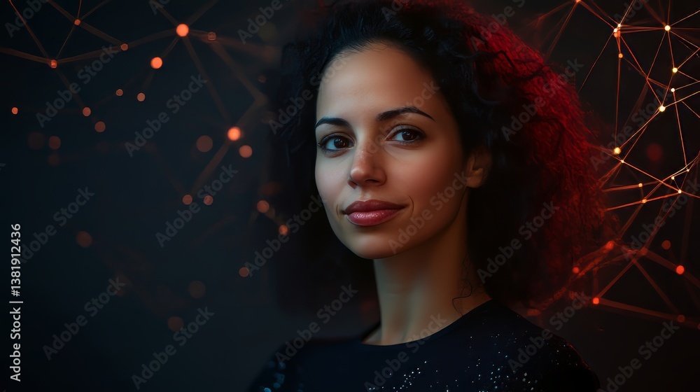 Aufkleber woman with digital network, creating a futuristic connection. elegant portrait with a technological 