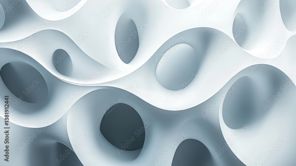 Poster abstract flowing white shapes with holes, creating a soft and organic texture.