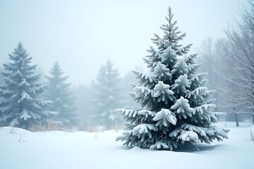 Fototapeta premium Noble Evergreen Standing Tall in Pristine Snowy Field Against Bright Winter Morning