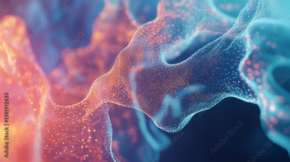 Poster abstract digital wave: intertwined network of glowing dots creating flowing, futuristic form.