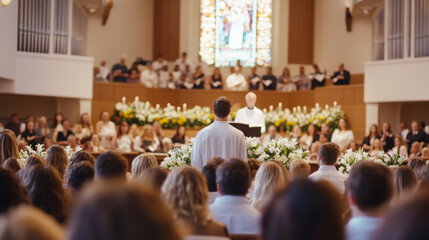 Easter celebration in church with congregation and choir gathered for worship