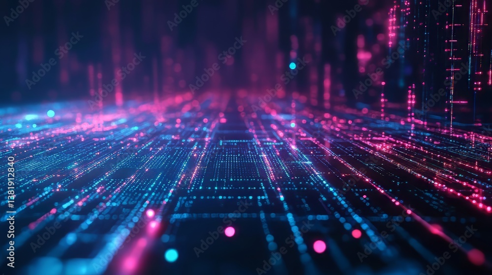 Poster abstract data network with glowing neon light, representing futuristic technology and connectivity.