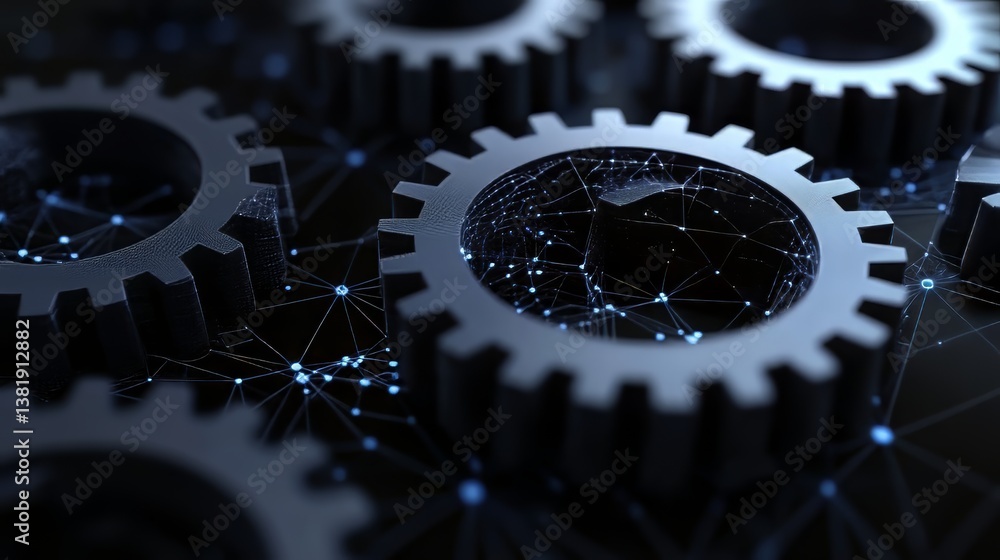 Poster mechanical gears connected by digital network - abstract industrial technology and integration conce