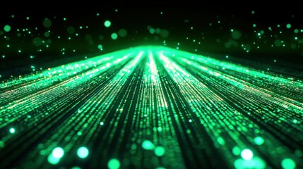 Emerald light streaks converge, forming a bright, digital pathway with bokeh effects