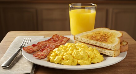 Delicious Breakfast Scrambled Eggs with Bacon, and Toast.
