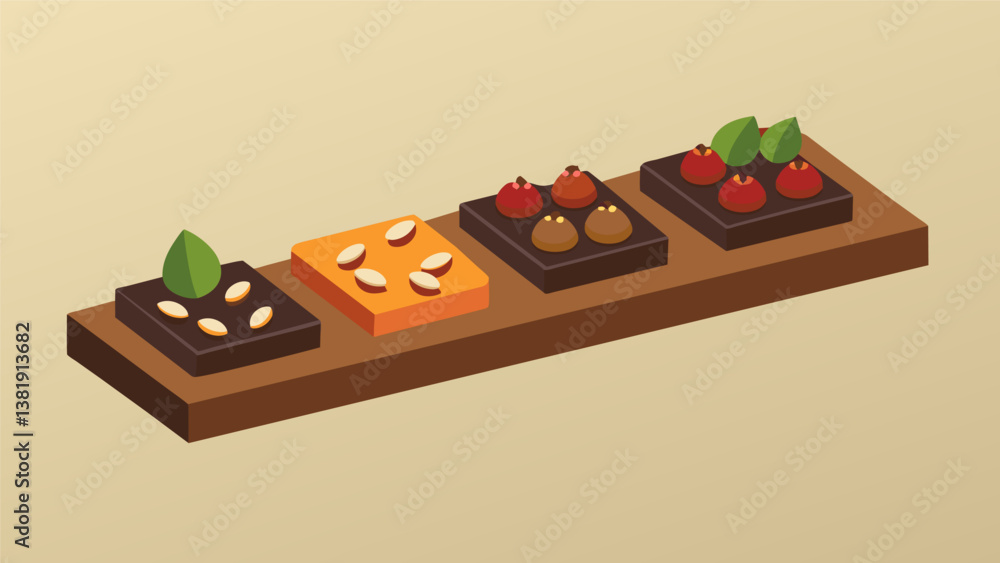 Poster a single row of dark chocolate squares each one topped with a different type of nut or dried fruit d