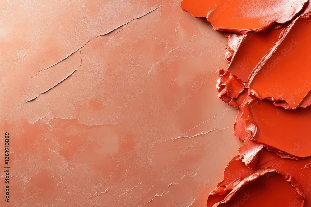 Poster Close up of textured orange paint strokes on a brown surface with speckled white elements a border on right and diagonal marks on left