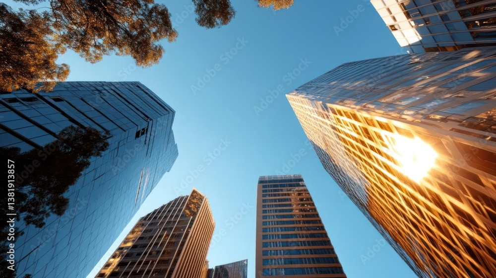 Poster low angle shot of skyscrapers against a clear blue sky capturing architectural details and the sun's