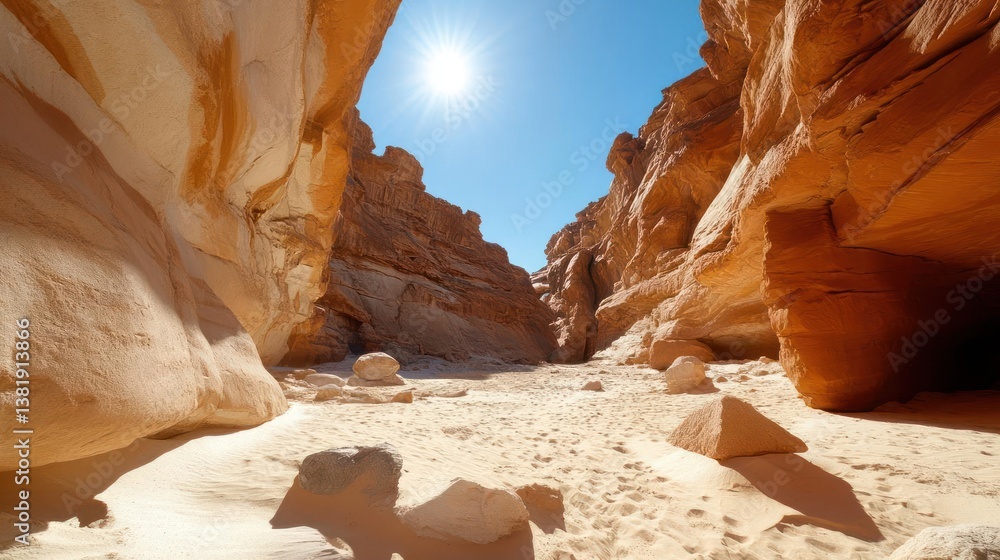 Poster deep canyon illuminated by the sun's rays with light sand and beige rock formations under a clear bl