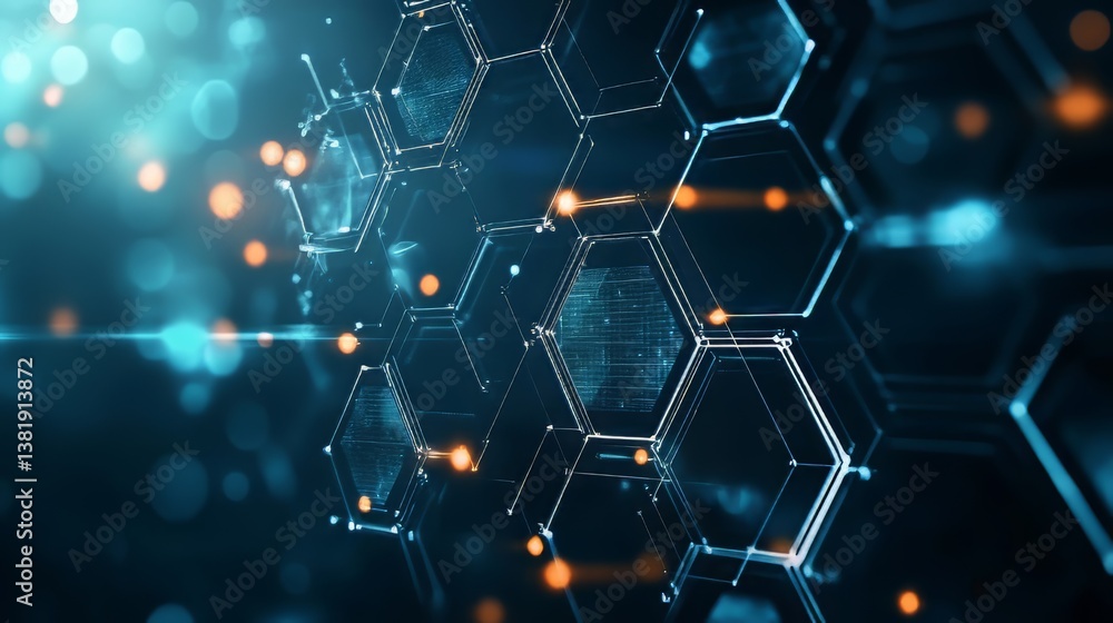 Poster futuristic network interface with glowing nodes and interconnected hexagons on a dark blue backdrop.