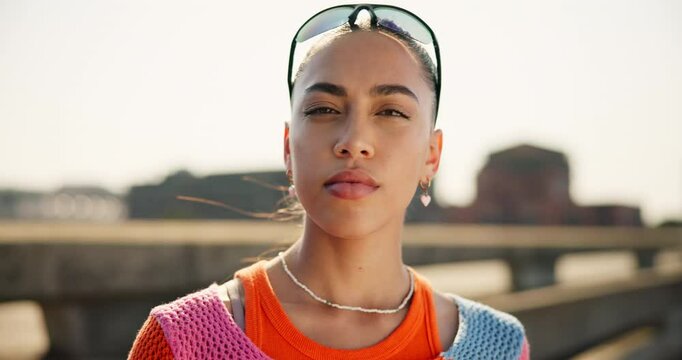 Bridge, serious and face of woman for fashion, casual clothes and stylish for summer outdoor. Portrait, female person and ready with edgy attitude for gen z trends, cool look and confident in Brazil