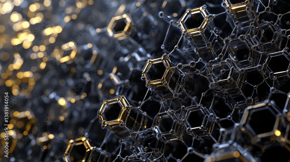 Poster abstract network: interconnected hexagons forming a complex structure with gold and silver accents.