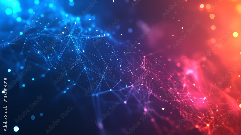 Poster abstract network of interconnected dots and lines in blue and red space, connecting the dots.