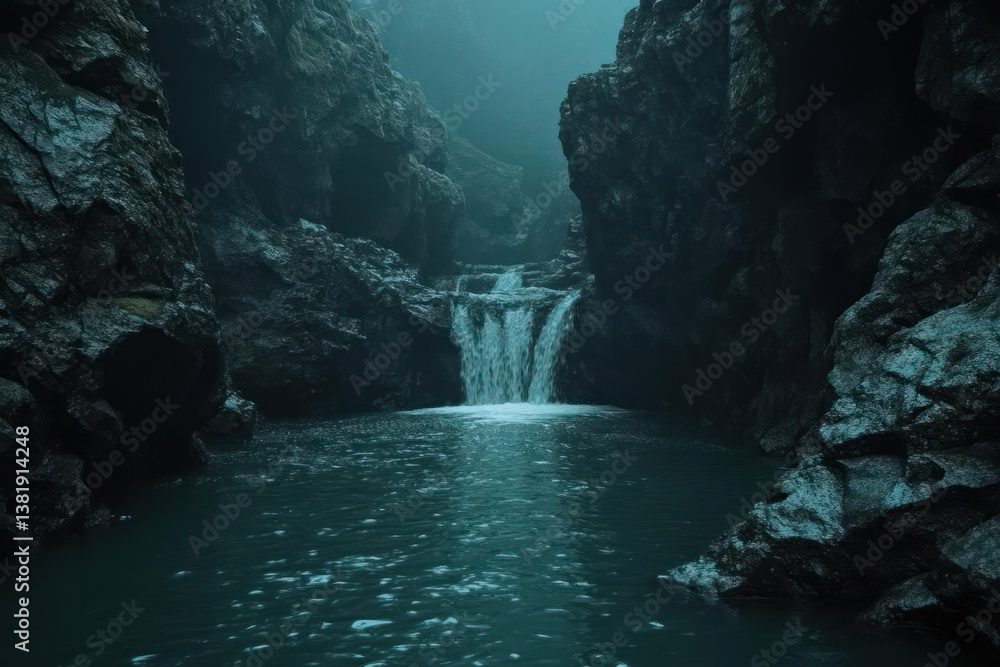 Poster A small waterfall cascades into a tranquil pool surrounded by dark rocky cliffs. The scene is illuminated by a soft light with rain droplets creating a mystical atmosphere
