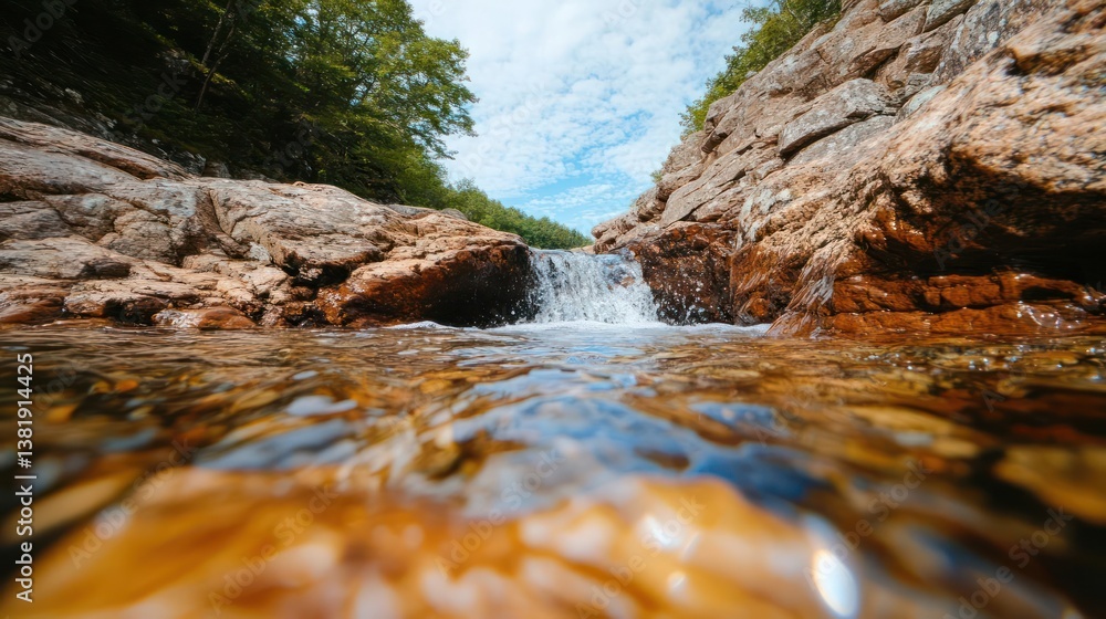 Poster close up view of small waterfall cascading over rocks with clear water reflections and lush green fo