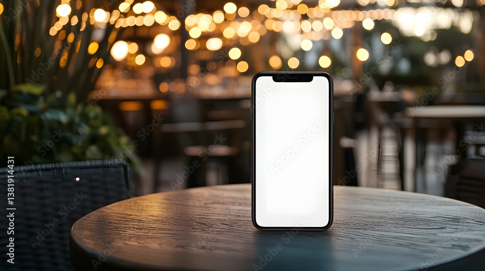 Poster smart display: a sleek smartphone with a luminous screen rests atop a weathered wooden table, creati