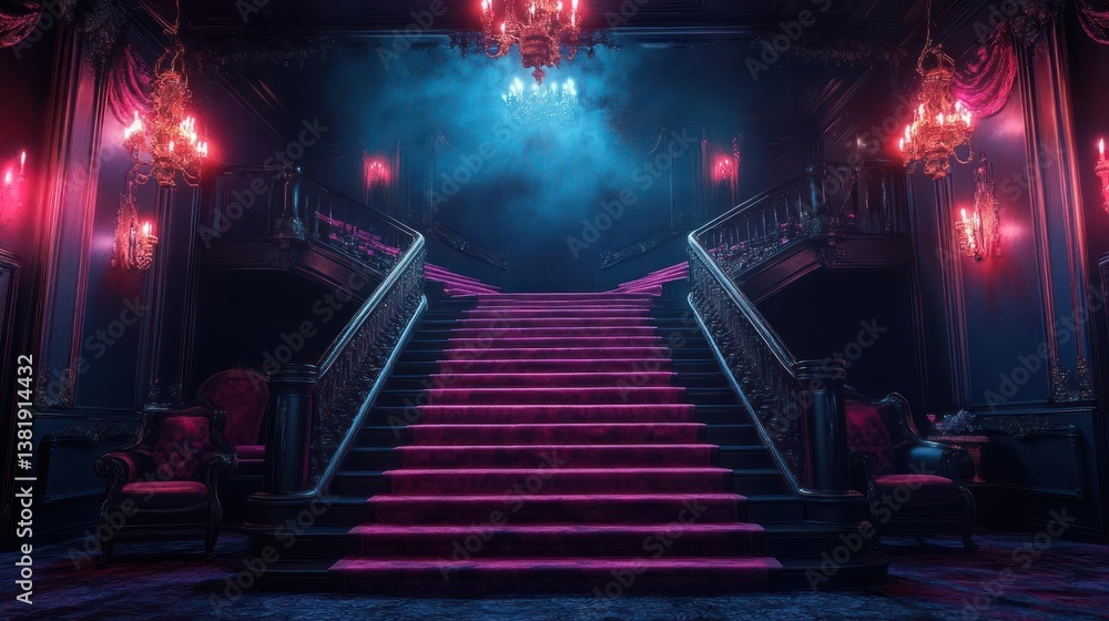 Aufkleber elegant interior with staircase and chandeliers illuminated by pink and blue lights creating a glamo