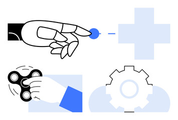 Robotic hand pointing at dot, fidget spinner in human hand, cogwheel and plus sign for synergy. Ideal for technology, innovation, automation, teamwork, health creativity problem-solving. Flat