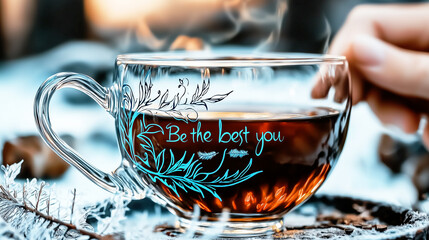 Inspirational quote 'Be the best you' on a glass tea cup held outdoors in a cozy, frosty winter setting.