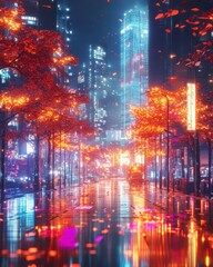 Obraz premium Enchanting Night Scene of Neon City with Vibrant Autumn Leaves