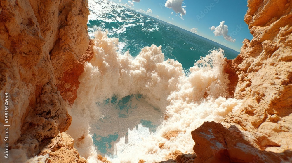 Aufkleber abstract ocean scene with foamy waves between rugged brown rock formations under a blue sky with flu