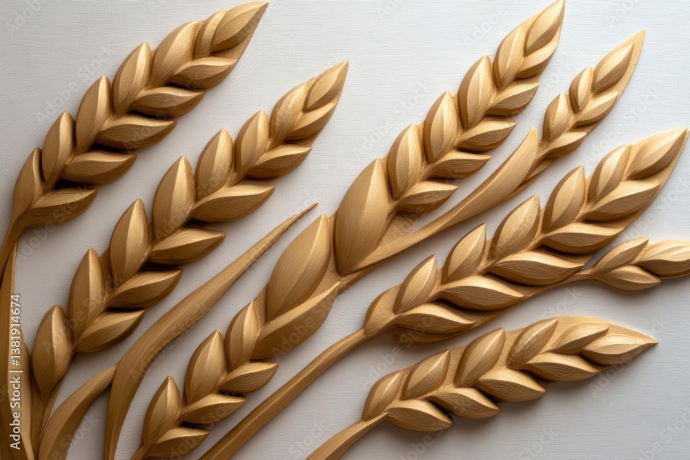 Poster close up view of a wheat sheaf sculpture in gold color against a textured silver background