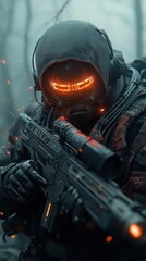 Fototapeta premium A man in a black hoodie is holding a gun and wearing a headset