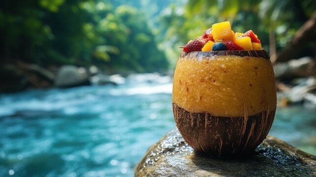Tropical fruit smoothie in a coconut shell, by a river in a lush jungle.