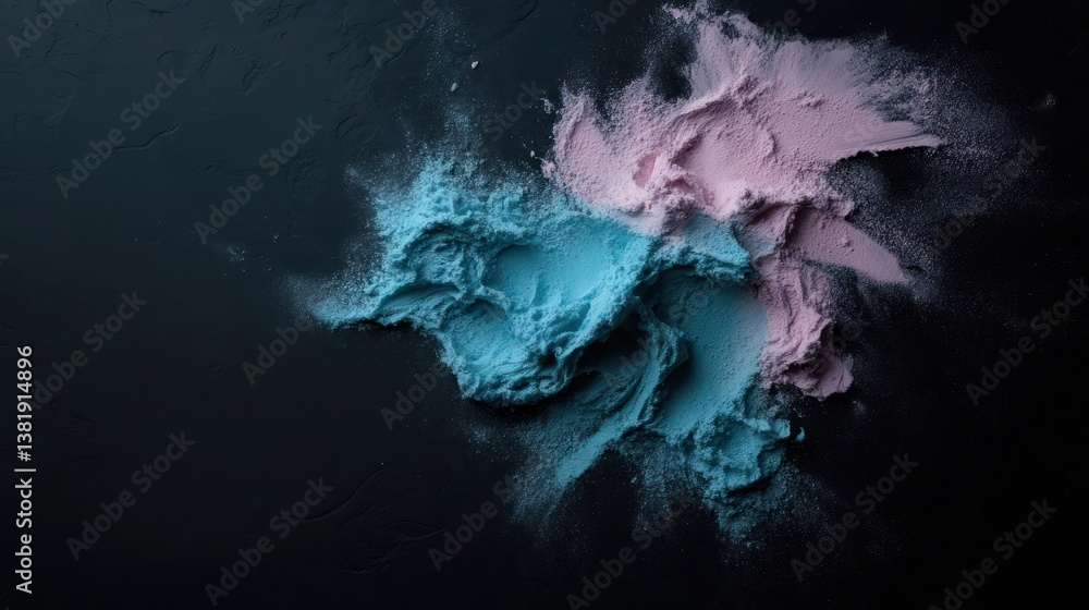 Poster Exploding pastel powder cloud against dark background creating dynamic visual effect of blue and pink particles