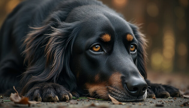 Black dog showing sadness while resting among autumn leaves  